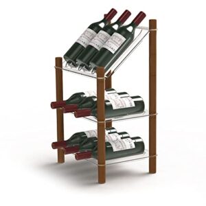 life story mywinebar 9 bottle wine holder wood frame floor storage rack display stand with tilted top shelf and 2 flat display shelves