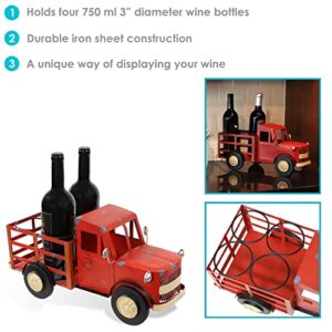Sunnydaze Rustic Red Truck Sheet Iron Countertop Wine Rack - Holder Stores 4 Wine or Liquor Bottles