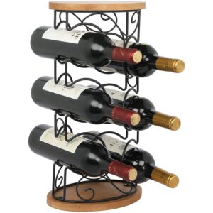 mygift vintage solid brown wood countertop wine bottle rack with black metal scrollwork design, decorative 6 bottle wine holder stand