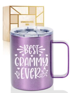 onebttl grandma christmas gifts, insulated stainless steel coffee mug with lid and handle, birthday, mother's day gifts, shimmering purple, (12 oz) best grammy ever, grammy gifts