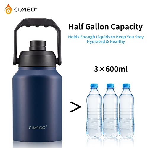 CIVAGO Half Gallon Insulated Water Bottle Jug with Handle, 64 oz Stainless Steel Sports Water Flask, Large Metal Canteen Growler, Black