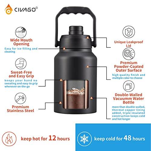 CIVAGO Half Gallon Insulated Water Bottle Jug with Handle, 64 oz Stainless Steel Sports Water Flask, Large Metal Canteen Growler, Black