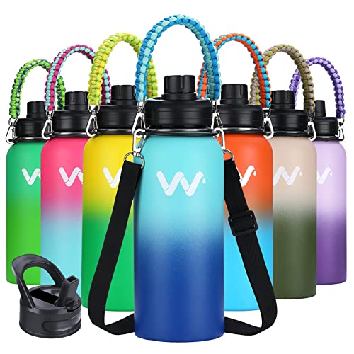 WEREWOLVES 24 oz Insulated Water Bottle With Paracord Handles & Strap & Straw Lid & Spout Lid,Reusable Wide Mouth Vacuum Stainless Steel Water Bottle for Adults (New-Ocean, 24 oz)