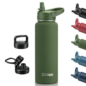 zibtes 40 oz insulated water bottle with straw,3 lids(flip, spout and handle lid), stainless steel leak proof sports water flask, double walled vacuum metal water bottle (army green)