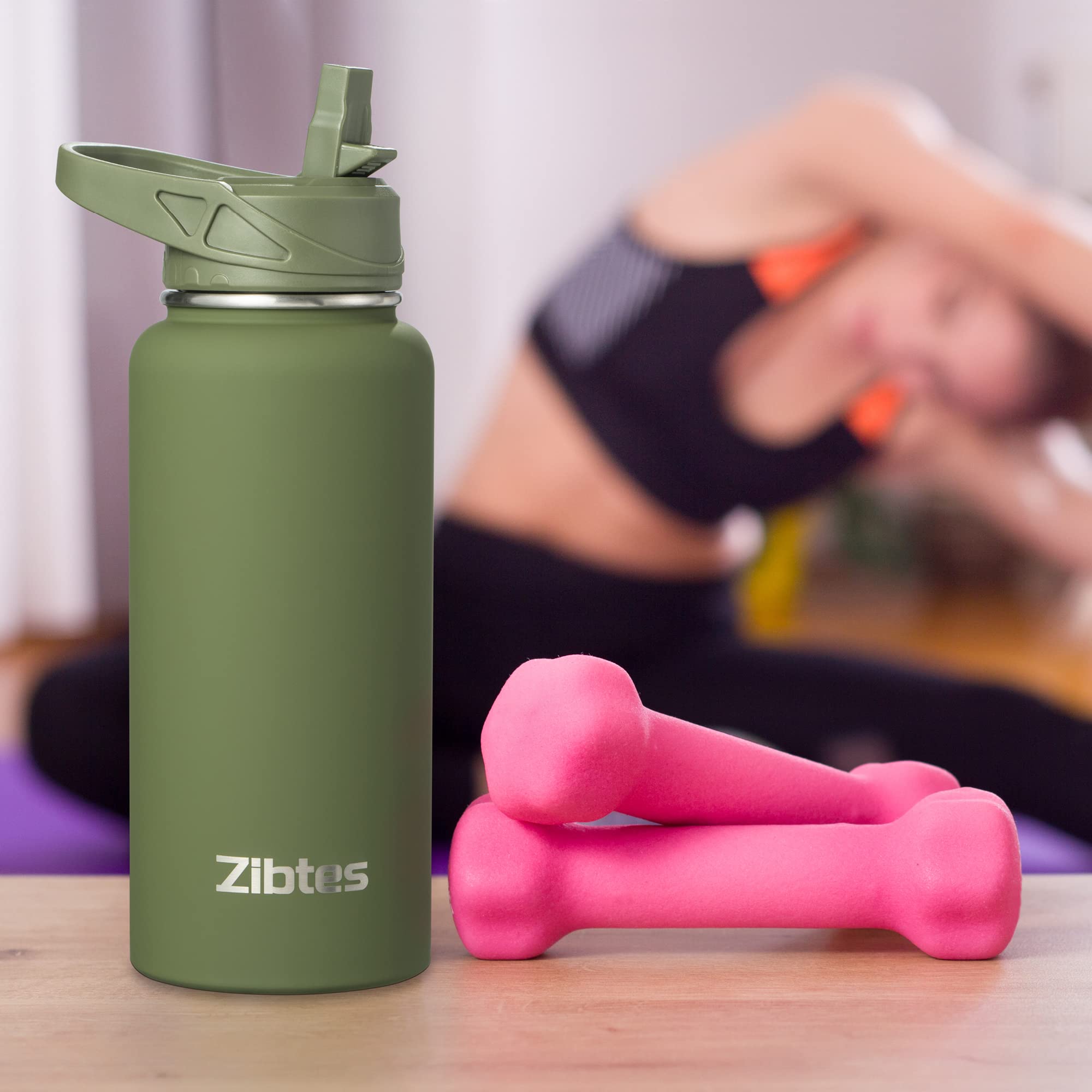 Zibtes 40 oz Insulated Water Bottle With Straw,3 Lids(Flip, Spout and Handle Lid), Stainless Steel Leak Proof Sports Water Flask, Double Walled Vacuum Metal Water Bottle (Army Green)