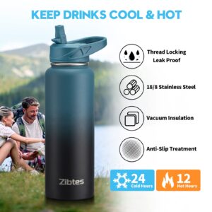 Zibtes 40 oz Insulated Water Bottle With Straw,3 Lids(Flip, Spout and Handle Lid), Stainless Steel Leak Proof Sports Water Flask, Double Walled Vacuum Metal Water Bottle (Army Green)