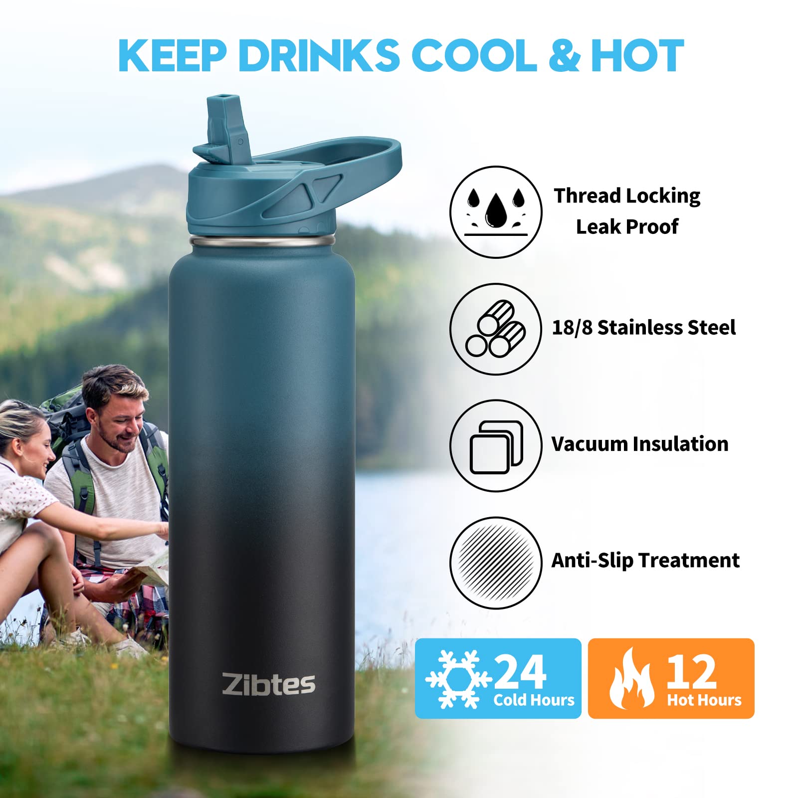 Zibtes 40 oz Insulated Water Bottle With Straw,3 Lids(Flip, Spout and Handle Lid), Stainless Steel Leak Proof Sports Water Flask, Double Walled Vacuum Metal Water Bottle (Army Green)