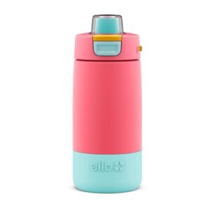 ello kids colby 12oz stainless steel insulated water bottle with straw and built-in silicone coaster carrying handle and leak-proof locking lid for school backpack, lunchbox, and outdoor sports, coral