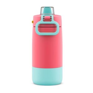 Ello Kids Colby 12oz Stainless Steel Insulated Water Bottle with Straw and Built-In Silicone Coaster Carrying Handle and Leak-Proof Locking Lid for School Backpack, Lunchbox, and Outdoor Sports, Coral