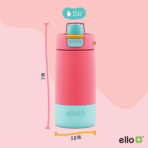 Ello Kids Colby 12oz Stainless Steel Insulated Water Bottle with Straw and Built-In Silicone Coaster Carrying Handle and Leak-Proof Locking Lid for School Backpack, Lunchbox, and Outdoor Sports, Coral