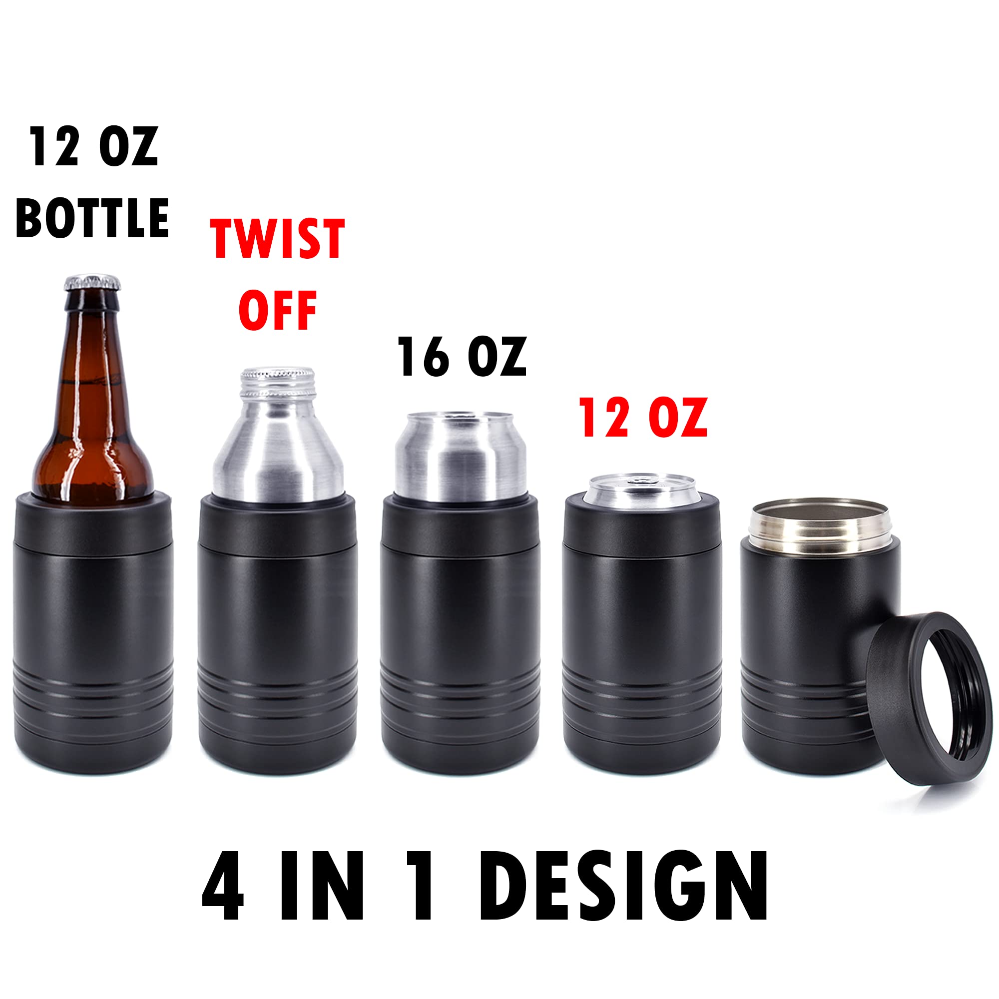 4-in-1 Stainless Steel 12 oz Double Wall Vacuum Insulated Can or Bottle Cooler Keeps Beverage Cold for Hours - Also Fits 16 oz Cans - Powder Coated Black - Clear Water Home Goods