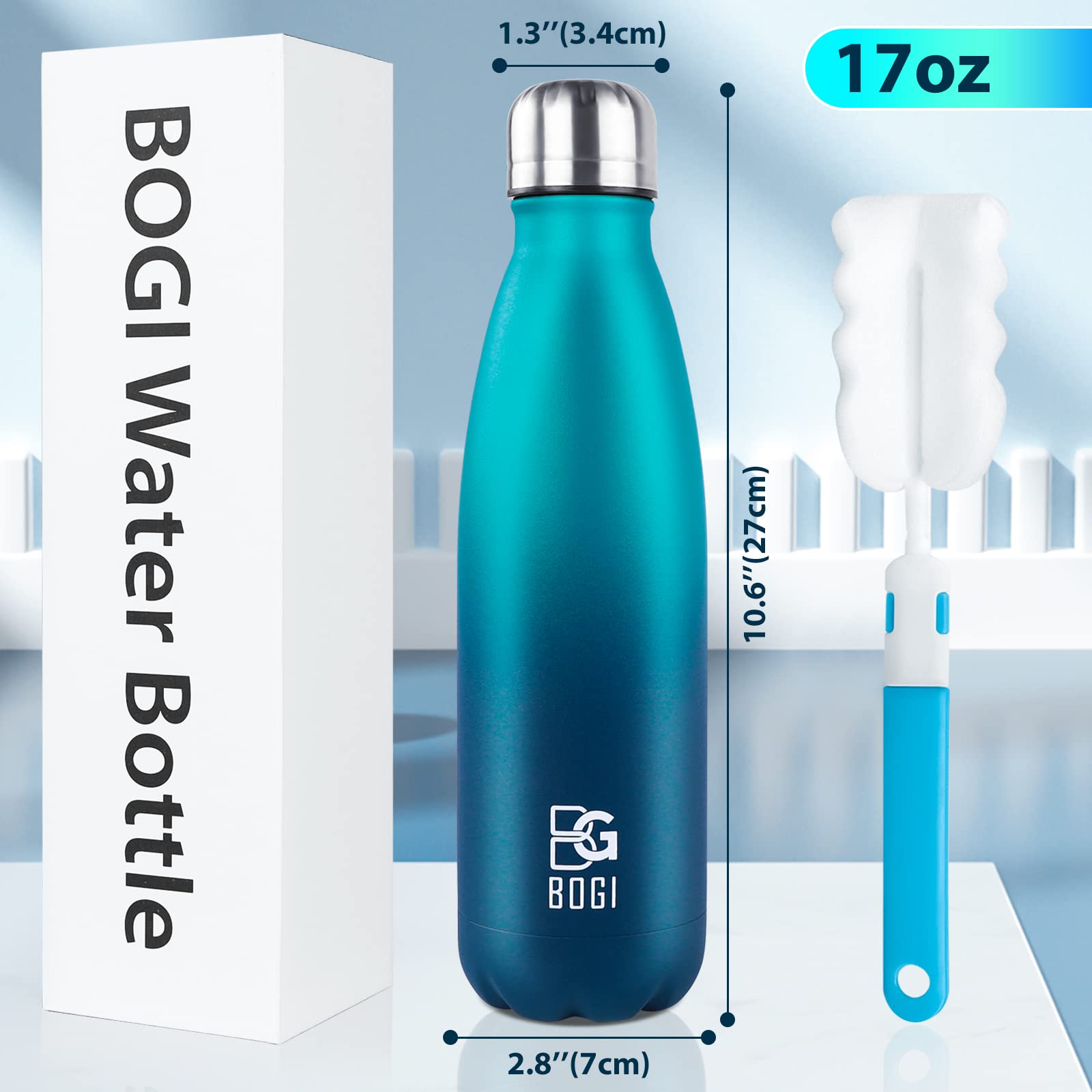 BOGI Insulated Water Bottle, 17oz Stainless Steel Water Bottles, Leak Proof Sports Metal Water Bottles Keep Cold for 24 Hours and Hot for 12 Hours BPA Free kids water bottle for School (Blue DBlue)