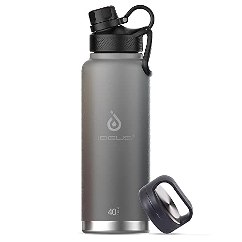 IDEUS Insulated Stainless Steel Water Bottle with 2 Leak-Proof Lids, Thermal Water Flask for Hiking Biking, 40oz, Gray