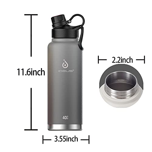 IDEUS Insulated Stainless Steel Water Bottle with 2 Leak-Proof Lids, Thermal Water Flask for Hiking Biking, 40oz, Gray