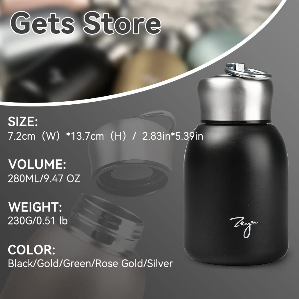 Gets Mini 9 oz Stainless Steel Water Bottle, 280ML Vacuum Insulated Water Bottle Leak Proof Sport Tumbler Cup Hot and Cold Water Bottle (Black)