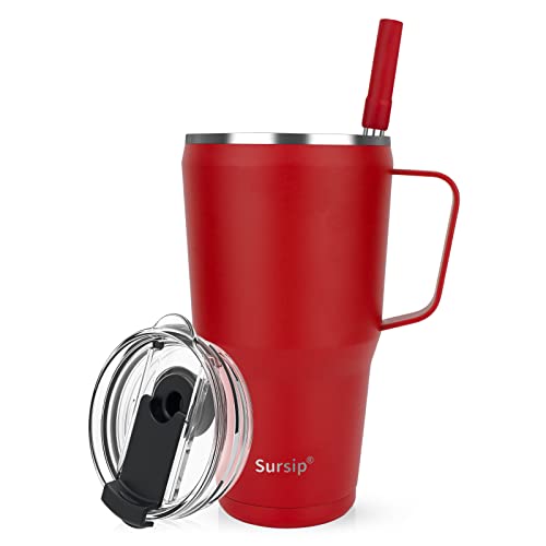 Sursip 30 oz Mug Tumbler with Screw Lid - Stainless Steel Vacuum Insulated Cup with Straw and Handle, Keeps Drinks Cold up to 24 Hours - Sweat Proof, Leak Proof, Dishwasher Safe, Car Holder (Red)