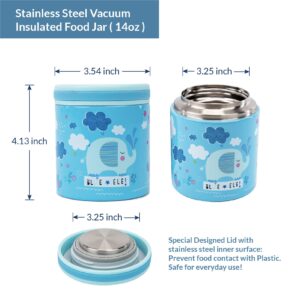 BLUE ELE Vacuum Insulated Jar & Thermos, BPA-Free Lunch Containers, Double-Wall 304 Food Grade Stainless Steel, 14 oz Keep Hot 12hr & Cold 24hr, Blue with Pattern