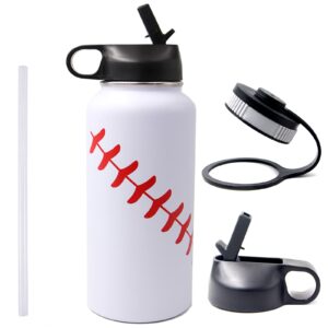 gloryc 32oz wide mouth tumbler cup with two lids, water bottle, baseball,18/8 stainless steel vacuum insulated, 304 travel mug for coach men mom friends(white)