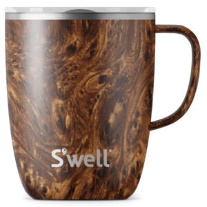 s'well stainless steel mug with handle, 12oz, teakwood, triple layered vacuum insulated containers keeps drinks colder and hotter for longer, bpa free