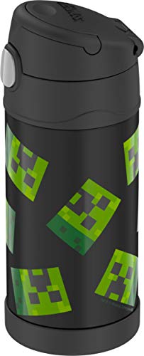 THERMOS FUNTAINER 12 Ounce Stainless Steel Vacuum Insulated Kids Straw Bottle, Dark Minecraft