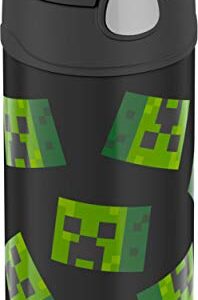 THERMOS FUNTAINER 12 Ounce Stainless Steel Vacuum Insulated Kids Straw Bottle, Dark Minecraft