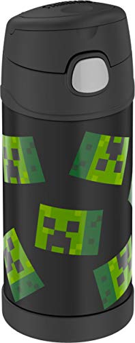 THERMOS FUNTAINER 12 Ounce Stainless Steel Vacuum Insulated Kids Straw Bottle, Dark Minecraft