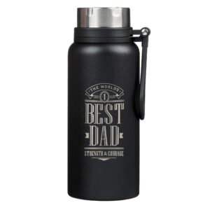 christian art gifts world's best dad strength & courage joshua 1:9 laser engraved black stainless steel double wall vacuum insulated water bottle w/carry handle strap lid for fathers, hot/cold, 32 oz.