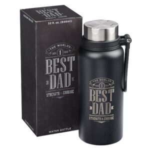 Christian Art Gifts World's Best Dad Strength & Courage Joshua 1:9 Laser Engraved Black Stainless Steel Double Wall Vacuum Insulated Water Bottle w/Carry Handle Strap Lid for Fathers, Hot/Cold, 32 oz.