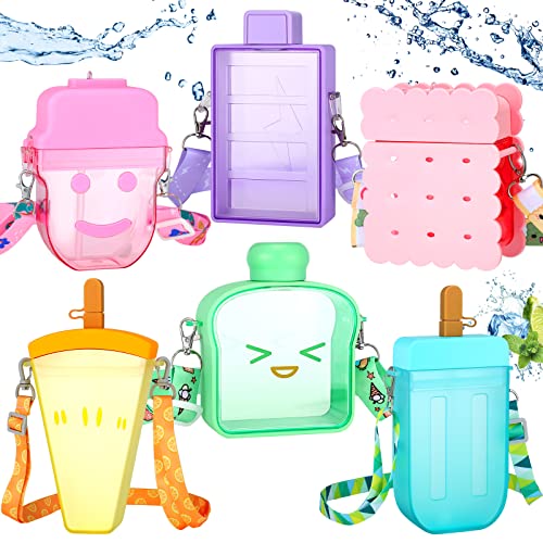 Queekay 6 Pcs Water Bottles with Straws for Kids Watermelon Water Bottle Adjustable Strap Leakproof Plastic Watermelon Ice Cream Camera Bread Biscuits Shaped Water Bottle for School Travel