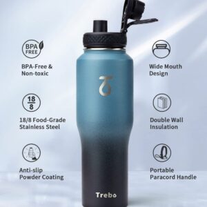 Trebo Water Bottle 32oz/64oz with Paracord Handle, Half Gallon Food-grade Double Wall Vacuum Stainless Steel Insulated Jug with Straw Spout Lids, Leakproof Keep Cold & Hot, Ombre: Indigo/Black