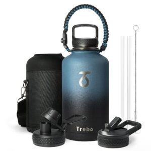 Trebo Water Bottle 32oz/64oz with Paracord Handle, Half Gallon Food-grade Double Wall Vacuum Stainless Steel Insulated Jug with Straw Spout Lids, Leakproof Keep Cold & Hot, Ombre: Indigo/Black