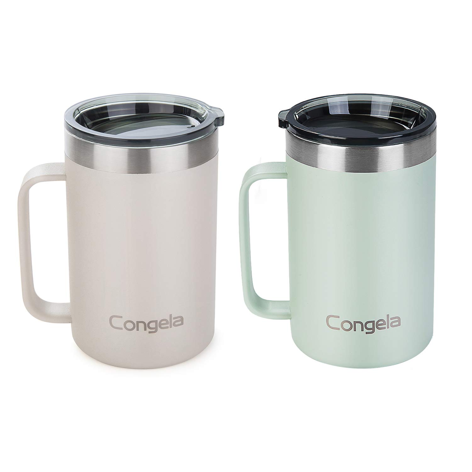 Congela 18oz 2Pack stainless steel insulated coffee mugs with handle, vacuum camping tea cups set with Tritan lid and sand with sage color combo(Cement+Desert Sage,18oz 2Pack)