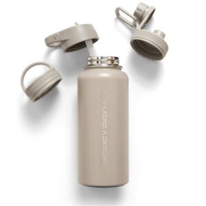gymreapers insulated water bottle - stainless steel 32 oz, 3 lids (straw, chug, canteen), double walled vacuum insulation, thermo mug cold hot - durable powder coated finish