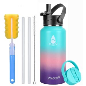 syacot 32 oz 40 oz 64 oz stainless steel water bottle, insulated double wall vacuum leak proof water flask, metal thermo canteen mug —wide mouth with 2 straw lids (32 oz, mint/pink/purple)