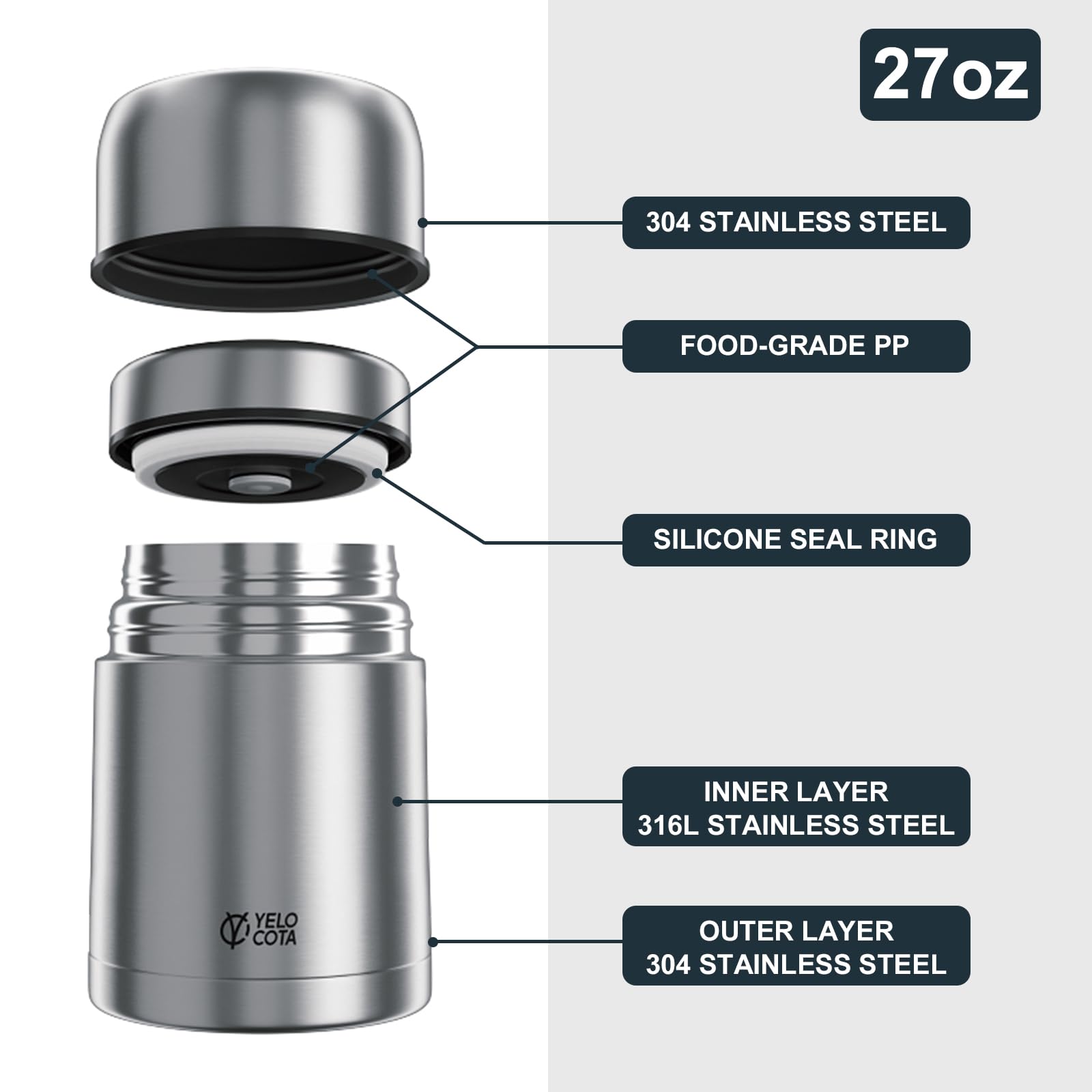 Yelocota Thermos for Hot Food,20Oz Vacuum Insulated Stainless Steel Lunch Food Containers, Wide Mouth Soup Flask for Hot Food, Leak Proof Food Jar for School Office Travel