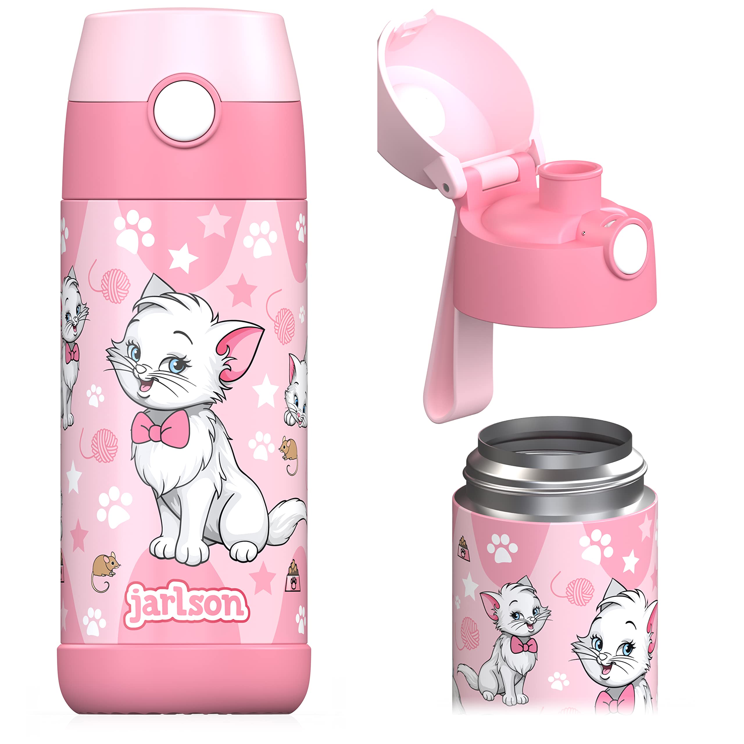 JARLSON® kids water bottle - MALI - insulated stainless steel water bottle with chug lid - thermos - girls/boys (Cat 'Star', 12 oz)