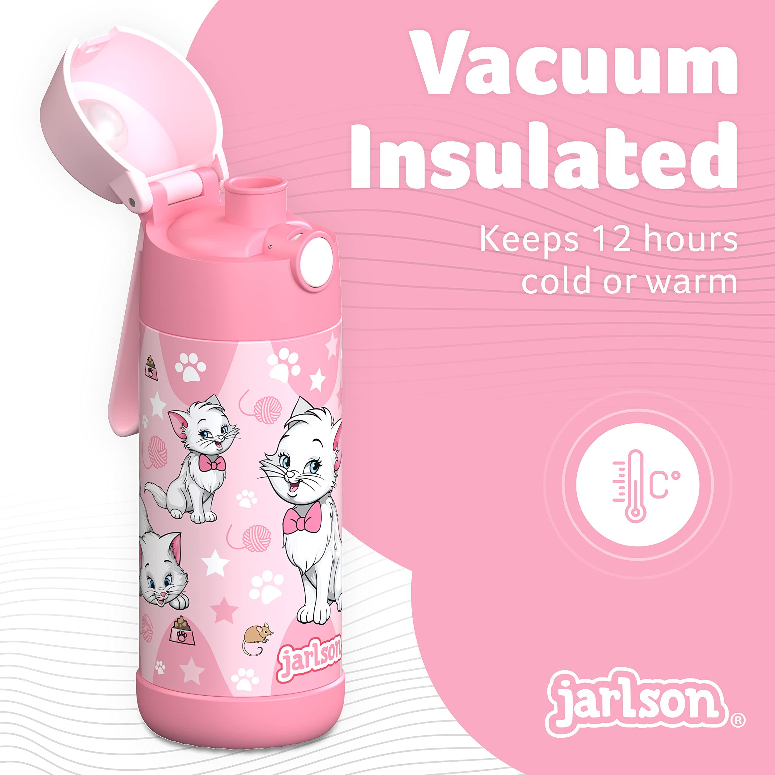 JARLSON® kids water bottle - MALI - insulated stainless steel water bottle with chug lid - thermos - girls/boys (Cat 'Star', 12 oz)