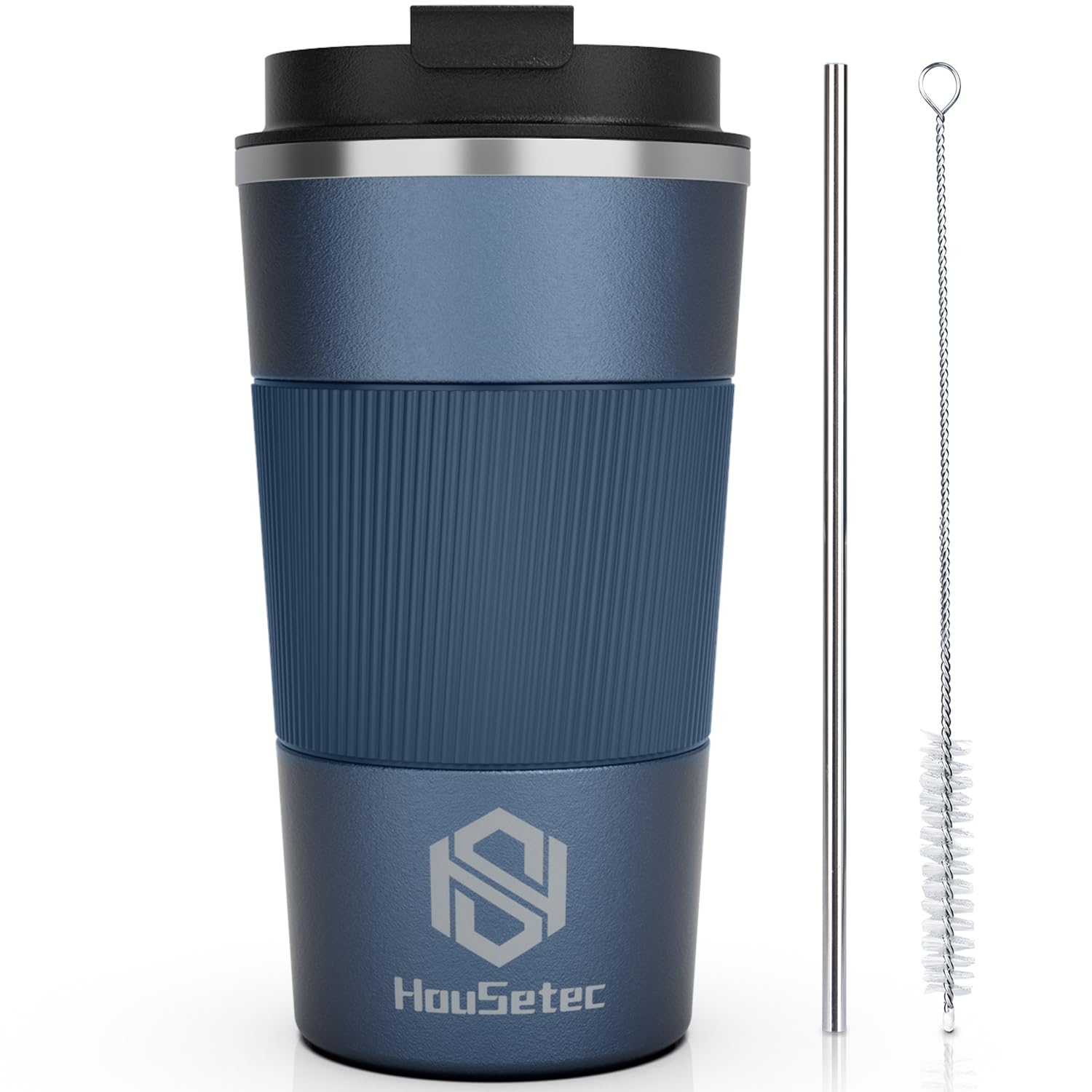 Coffee Mug, Coffee Tumblers with Straws and Straw Brushes, Travel Coffee Mug with Leakproof Lids for Keeping Hot and Cold Water Coffee and Tea,Travel Cups In Travel Office Camping (Navy Blue, 17OZ)