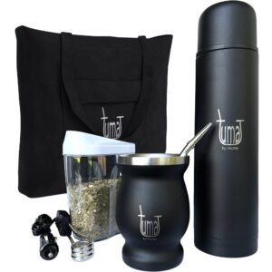 Complete Yerba Mate Kit - Includes Mate Cup, Straw (Bombilla), 750ml Thermos, Bag and two gifts (Container Yerbero and Car Immersion Heater) - Stainless Steel Yerba Mate Set (Black)