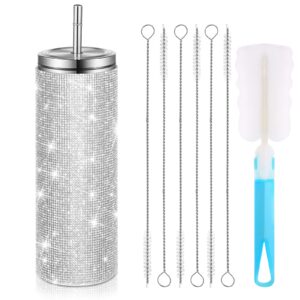 glitter water bottles diamond bling cup 20oz rhinestone stainless steel water bottle insulated cups with straws christmas water bottle with cup brushes 6 pcs straw brushes for women (silver)