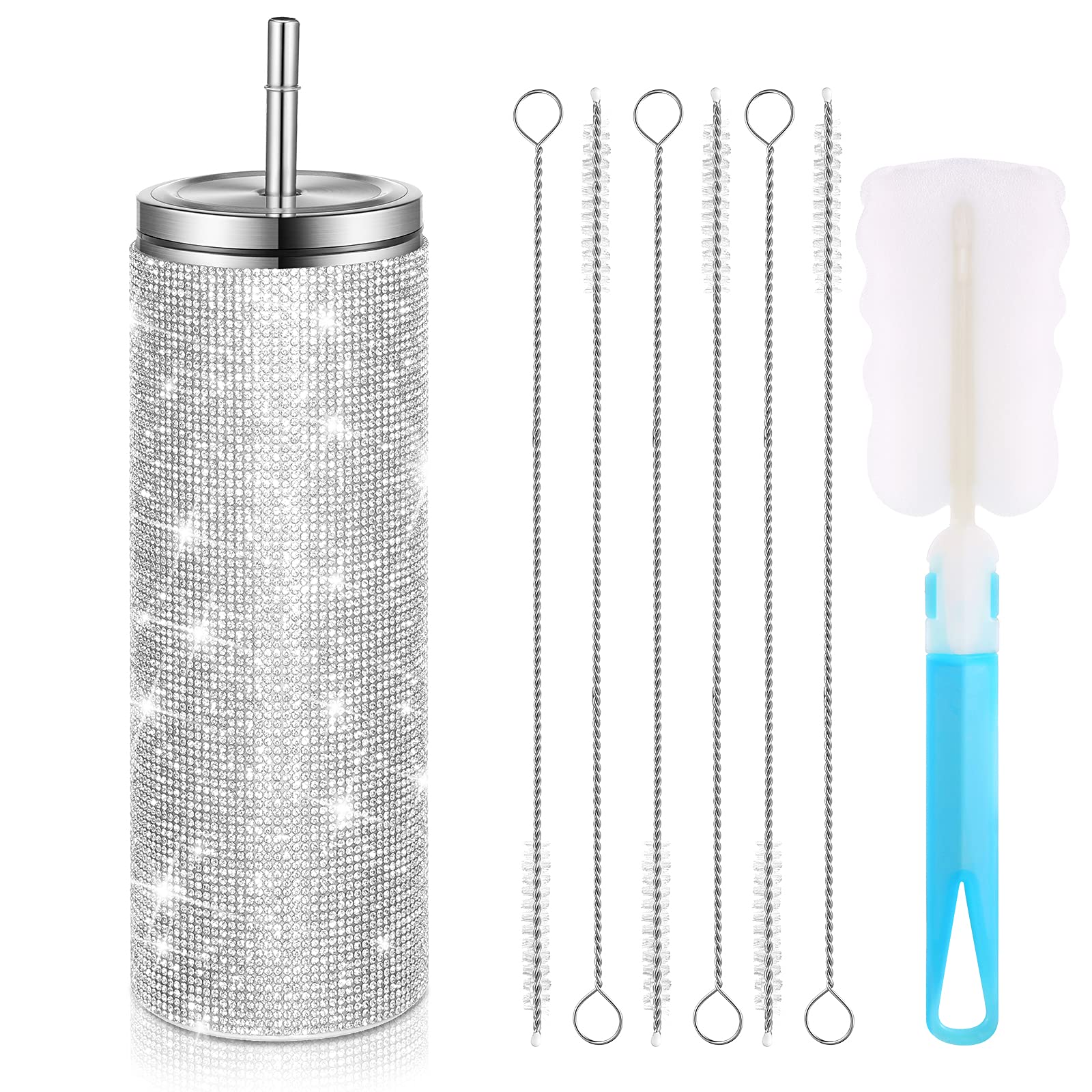 Glitter Water Bottles Diamond Bling Cup 20oz Rhinestone Stainless Steel Water Bottle Insulated Cups with Straws Christmas Water Bottle with Cup Brushes 6 Pcs Straw Brushes for Women (Silver)