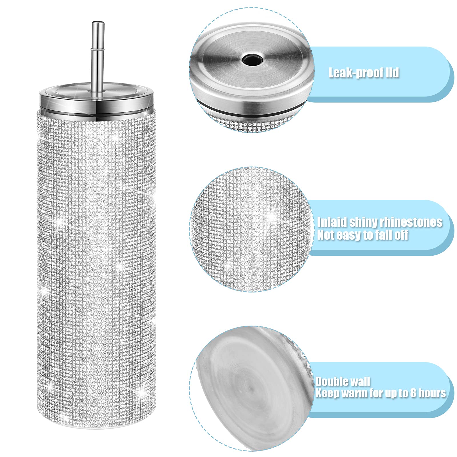 Glitter Water Bottles Diamond Bling Cup 20oz Rhinestone Stainless Steel Water Bottle Insulated Cups with Straws Christmas Water Bottle with Cup Brushes 6 Pcs Straw Brushes for Women (Silver)