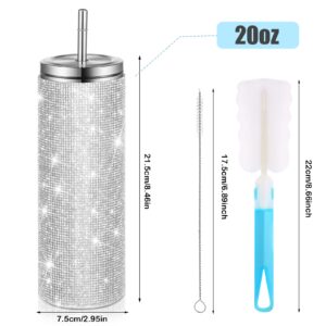 Glitter Water Bottles Diamond Bling Cup 20oz Rhinestone Stainless Steel Water Bottle Insulated Cups with Straws Christmas Water Bottle with Cup Brushes 6 Pcs Straw Brushes for Women (Silver)