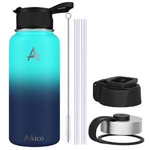 aikico stainless steel water bottle with straw lid, 32oz vacuum insulated sports water bottle, wide mouth thermos mug with wide handle straw lid and cleaning brush, ocean
