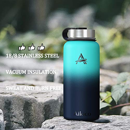 Aikico Stainless Steel Water Bottle with Straw Lid, 32oz Vacuum Insulated Sports Water Bottle, Wide Mouth Thermos Mug with Wide Handle Straw Lid and Cleaning Brush, Ocean