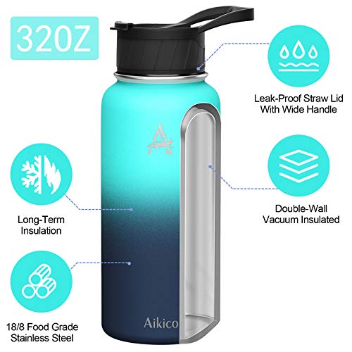 Aikico Stainless Steel Water Bottle with Straw Lid, 32oz Vacuum Insulated Sports Water Bottle, Wide Mouth Thermos Mug with Wide Handle Straw Lid and Cleaning Brush, Ocean