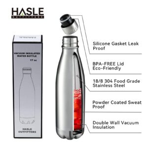 HASLE OUTFITTERS 17oz Stainless Steel Water Bottles, Vacuum Insulated Water Bottles Double Walled Reusable Metal Sports Water Bottles Keep Drinks Hot and Cold, Stainless, 1Pack