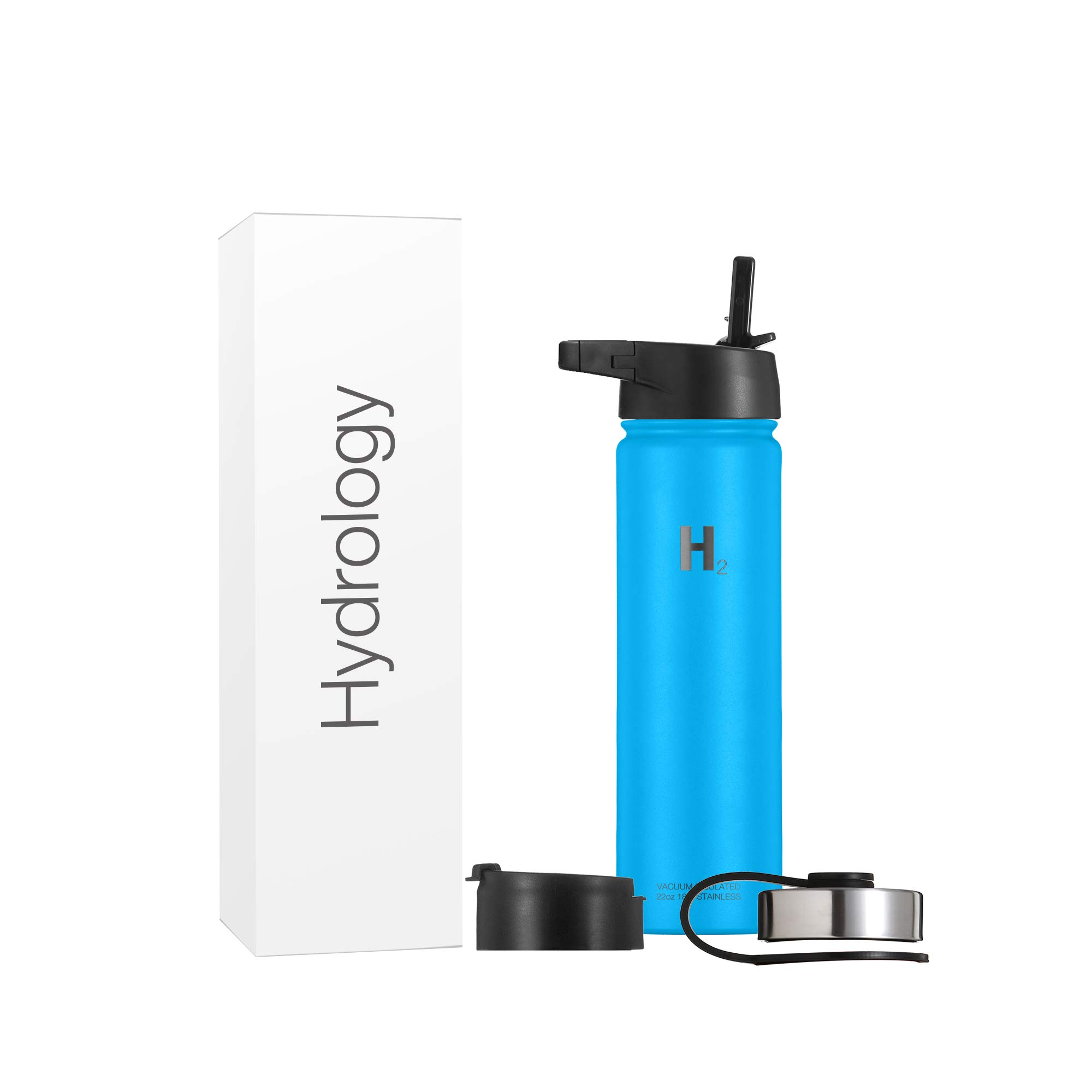 H2 Hydrology Water Bottle - 18 oz, 22 oz, 32 oz, 40 oz, or 64 oz with 3 LIDS Double Wall Vacuum Insulated Stainless Steel Wide Mouth Sports Hot & Cold Thermos (22 oz, Pacific Blue)