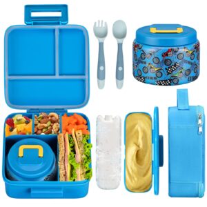 jxxm bento lunch box for kids with 8oz soup thermo,leak-proof lunch containers with 5 compartment,thermo food jar and lunch bag, food containers for school (a-blue(extreme locomotive))