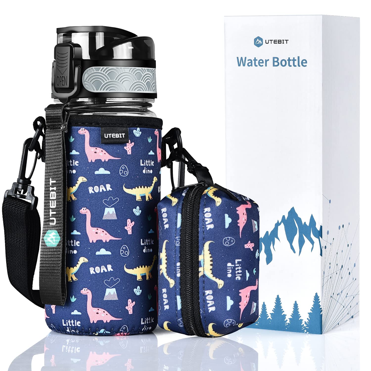 UTEBIT 16oz Kids Water Bottle, BPA Free Insulated Water Bottle with Straw, Plastic Sport Water Jug, 500ml Leakproof Dinosaur Kids Cup with Sleeve, Strap, Pouch for School Boys Girls